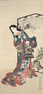 Beauty Before a Screen, 1800s. Kawanabe Kyosai (Japanese, 1831-1889). Hanging scroll, ink and color