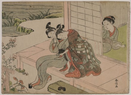 Woman Watching Young Couple Embrace on a Veranda, late 1760s. Suzuki Harunobu (Japanese, 1724-1770)