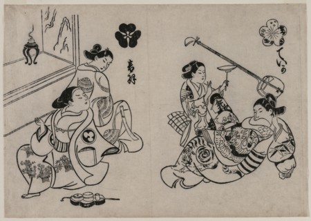 Three Courtesans with a Client. Okumura Masanobu (Japanese, 1686-1764). Color woodblock print;