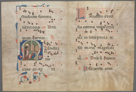 Bifolium from an Antiphonary: Initial M with Saint Dominic Preaching, c. 1320-1340. Primo Miniatore