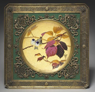Plaque: Two Birds on a Thorny Bough, 1879. Fernand Thesmar (French, 1843-1912). Cloisonné and
