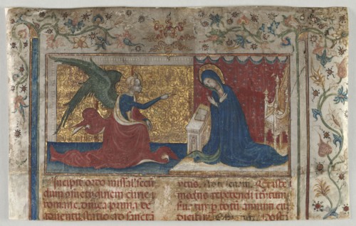 Half Leaf from a Missal: The Annunciation, c. 1415. France, Avignon, 15th century. Ink, tempera,