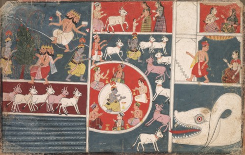 Krishna Playing the Flute and other Episodes from the Bhagavata Purana, c. 1650. India, Rajasthan,