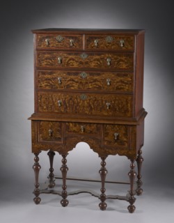 Highboy, 1700-1720. America, Massachusetts, William and Mary style, 18th century. Burled maple
