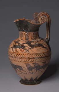 "Pontic" Oinochoe, c. 520 BC. Italy, Etruscan, 6th Century BC. Black-figure terracotta; diameter: