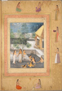 Page from the Late Shah Jahan Album: Harem Night-Bathing Scene, c. 1653. India, Mughal court, reign