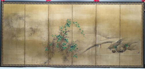 Bamboo and Morning Glories, c. 1600. Yusho Kaiho (Japanese, 1533-1615). Pair of six-fold screens,