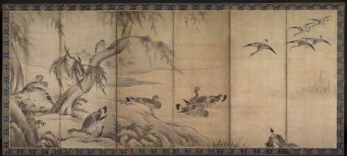 Wild Geese, late 1500s-early 1600s. Kano Sanraku (Japanese, 1559-1635). Pair of six-fold screens;