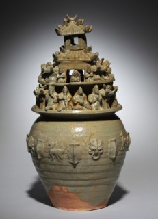 Funerary Urn (Hunping), late 200s. China, Western Jin dynasty (265-316). Green-glazed stoneware