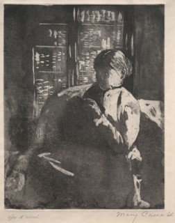 Knitting in the Library, c. 1881. Mary Cassatt (American, 1844-1926). Soft-ground etching and