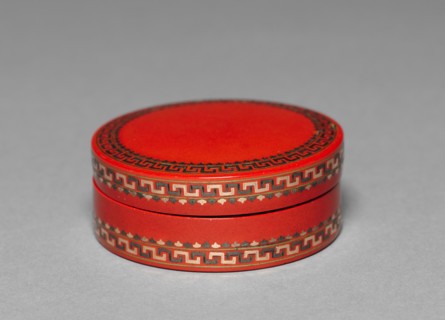 Round Box, c. 1770. France, 18th century. Tortoise shell decorated in red lacquer with inlays of
