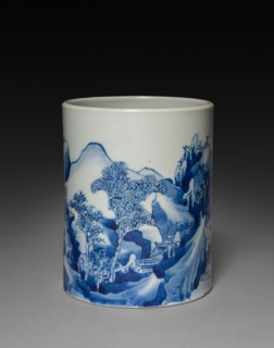 Brush Pot with Landscape, 1662-1722. China, Jiangxi province, Jingdezhen kilns, Qing dynasty
