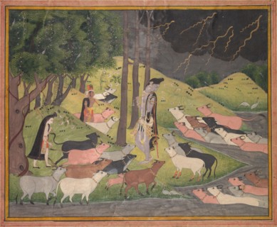 Krishna Summoning the Cows, c. 1780-1790. India, Pahari Hills, Bilaspur school, 18th century. Ink