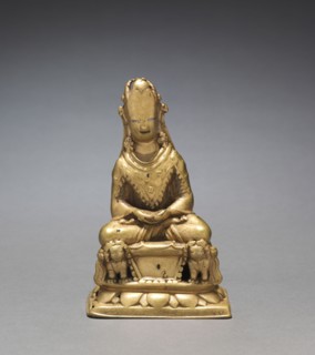 Crowned Buddha Seated on a Lion Throne, 700s. India, Kashmir, 8th century. Brass; overall: 15.6 cm