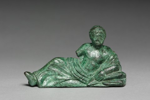 Vessel Ornament of Banqueter, c. 400-375 BC. Italy, Etruscan, early 4th Century. Bronze; overall: 5