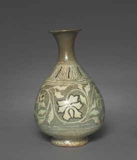 Bottle Inlaid with Peony and Scroll Design, 1400s. Korea, Joseon dynasty (1392-1910). Stoneward