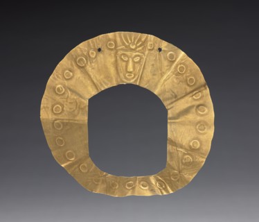 Disk, 300-600 (?). Peru, Nasca(?). Hammered and cut gold with repoussé design; diameter: 12.4 cm (4