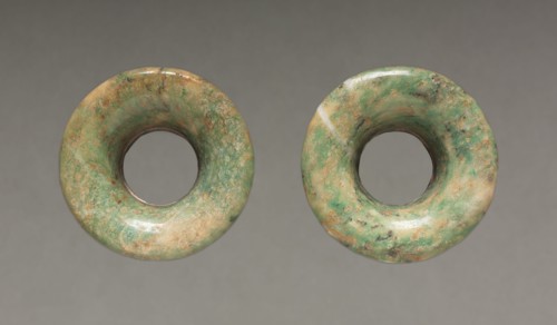 Pair of Ear Ornaments, 150-200. Central Mexico, Teotihuacán style, Classic Period. Jadeite-albitite
