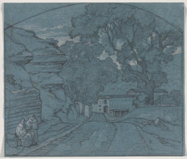 Landscape with Two Monks, c. 1840. François Edouard Bertin (French, 1797-1871). Graphite heightened