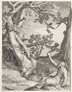 Scenes of the Prophet Elijah: Elijah in the Wilderness Fed by Ravens, 1604. Jan Saenredam (Dutch,