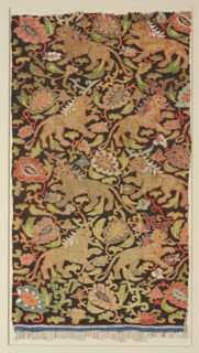 Tapestry with golden lions and palmettes, 1200s or earlier. Central Asia. Silk, gold thread;
