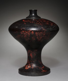 Sake Flask, 1500s. Japan, Muromachi Period (1392-1573). Black laquered wood with red lacquer;