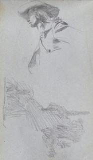 Sketchbook, page 27: Detail Study for " On a Terrace" and Landscape Study. Ernest Meissonier