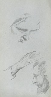 Sketchbook, page 70: Study of Two Faces and a Hand. Ernest Meissonier (French, 1815-1891).