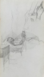 Sketchbook, page 71: Study of a Figure Reading in Bed, Study of a Hand. Ernest Meissonier (French,