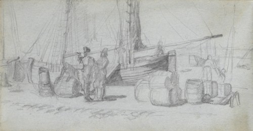 Sketchbook, page 50: Boats, Figures, Cargo on a Beach. Ernest Meissonier (French, 1815-1891).