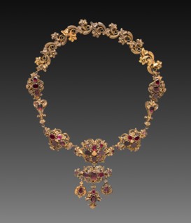 Necklace, c. 1840. Germany, possibly, 19th century. Gold and jewels; pendant: 8.2 cm (3 1/4 in.);