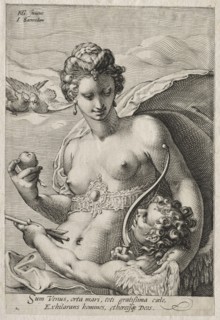 Three Goddesses: Venus and Cupid, c. 1595. Jan Saenredam (Dutch, 1565-1607), after Hendrick