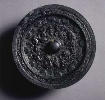 Mirror with Deities and Animals Surrounded by Rings of Squares and Semicircles, late 2nd-early 3rd