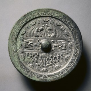 Mirror Featuring Deities and Kings in Three Sections Surrounded by Rings of Squares and