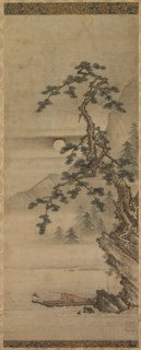 Moonlit Landscape of Pine Tree with Old Man in Boat, Muromachi period, 1392-1573. Oguri Sotan