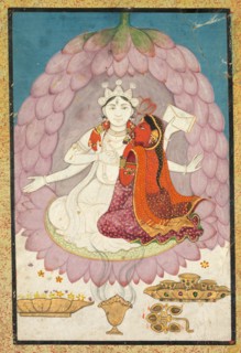 Vishnu and Lakshmi Seated on a Lotus Blossum, early 1900s. India, Pahari Hills, Kangra school, 19th