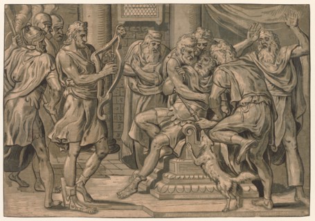 David Playing the Harp before Saul, 1555. Frans Floris (Dutch, 1519-1570). Chiaroscuro woodcut;