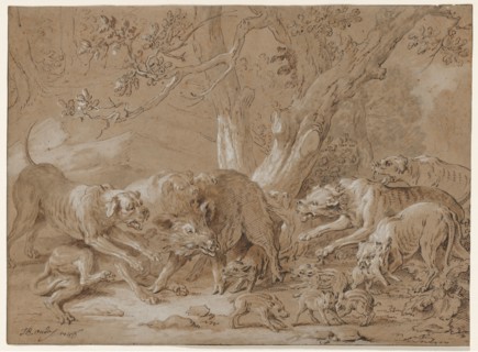 Wild Sow and Her Young Attacked by Dogs, 1748. Jean-Baptiste Oudry (French, 1686-1755). Pen and