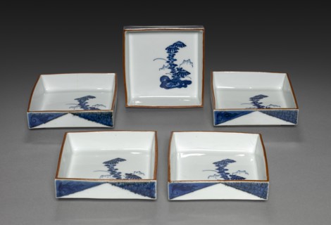 Set of Square Dishes with Rock and Tree Design: Arita Ware, 1700s. Japan, Edo period (1615-1868).