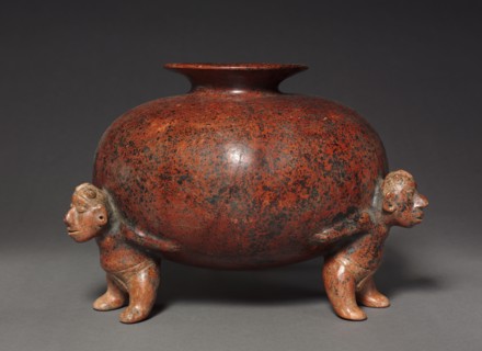 Vessel with Crested Atlantean (Supporting) FIgures, 200 BC-300. West Mexico, Colima, Comala style
