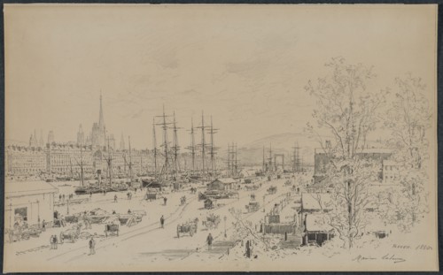 Port of Rouen, 1884. Maxime Lalanne (French, 1827-1886). Graphite; sheet: 30.9 x 49.9 cm (12 3/16 x