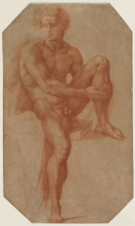 Seated Male Nude, c. 1516-1520. Baccio Bandinelli (Italian, 1493-1560). Red chalk over faint traces