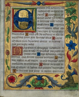 Leaf from a Psalter and Prayerbook: Ornamental Border with Pea Vines and a Girl Kneading Bread