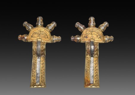 Pair of Fibulae, 500s-600s. Alemannic, Migration Period, 6th-7th century. Cast silver, parcel-gilt,