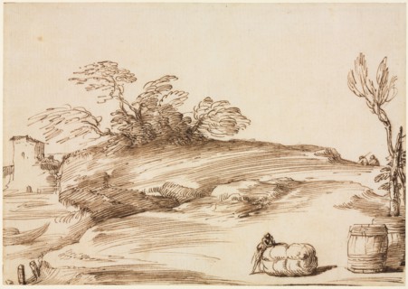 Landscape with a Man Leaning on a Bale, c. 1640. Guercino (Italian, 1591-1666). Pen and brown ink;