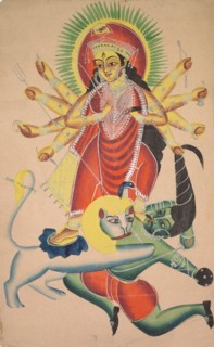 Durga Killing the Demon Mahisha, 1800s. India, Calcutta, Kalighat painting, 19th century. Black