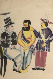 Jailer Receiving the Mahant of Tarakeshwar in Prison, 1800s. India, Calcutta, Kalighat painting,