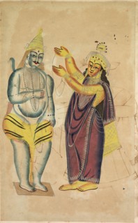 Parvati Placing a Wedding Garland on Shiva, 1800s. India, Calcutta, Kalighat painting, 19th century