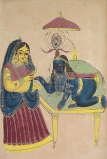 Baby Krishna Asking for Butter from Yashoda, 1800s. India, Calcutta, Kalighat painting, 19th