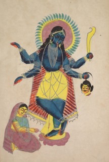 Krishna as Kali Worshipped by Radha, 1800s. India, Calcutta, Kalighat painting, 19th century. Black